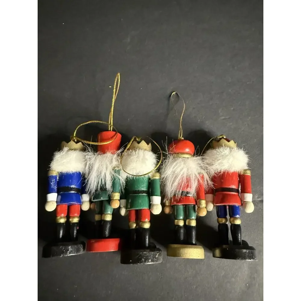 Vintage Wooden Toy Soldier Nutcracker Christmas Tree Ornaments Set(5) 4” Holiday